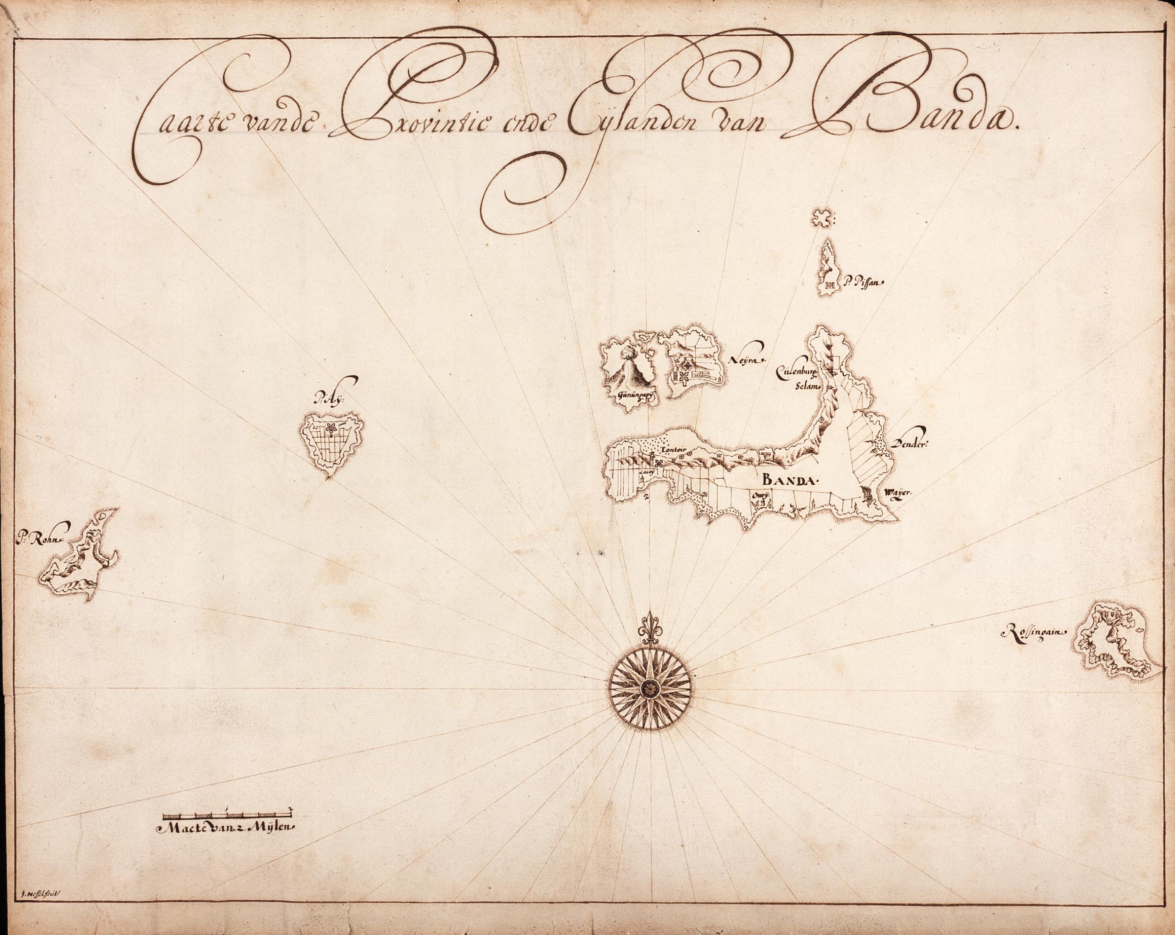 A circa 1650 hand-drawn map of the Banda Islands, with Run at the far left and Banda divided into plots