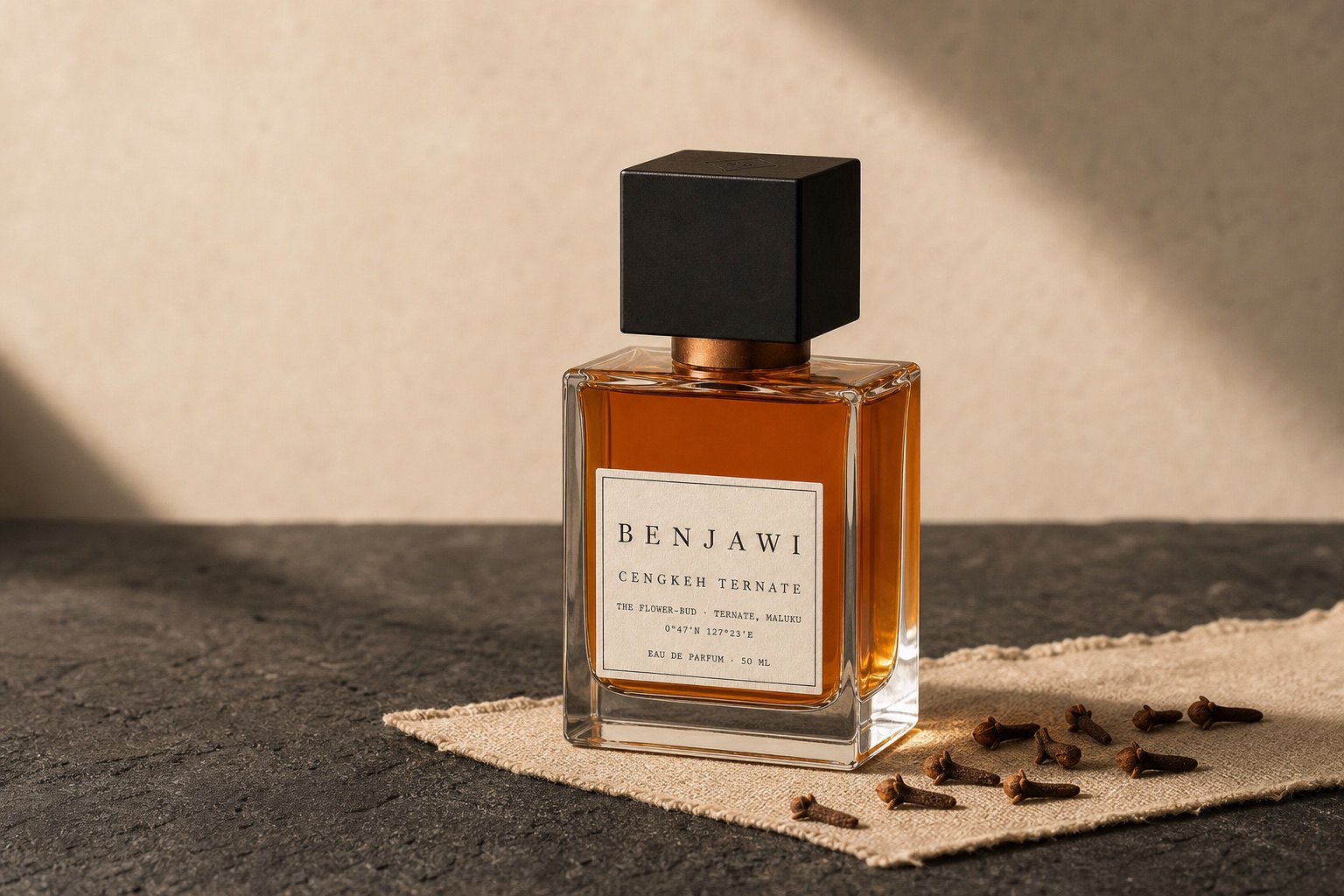Cengkeh Ternate fragrance beside dried cloves on undyed cloth