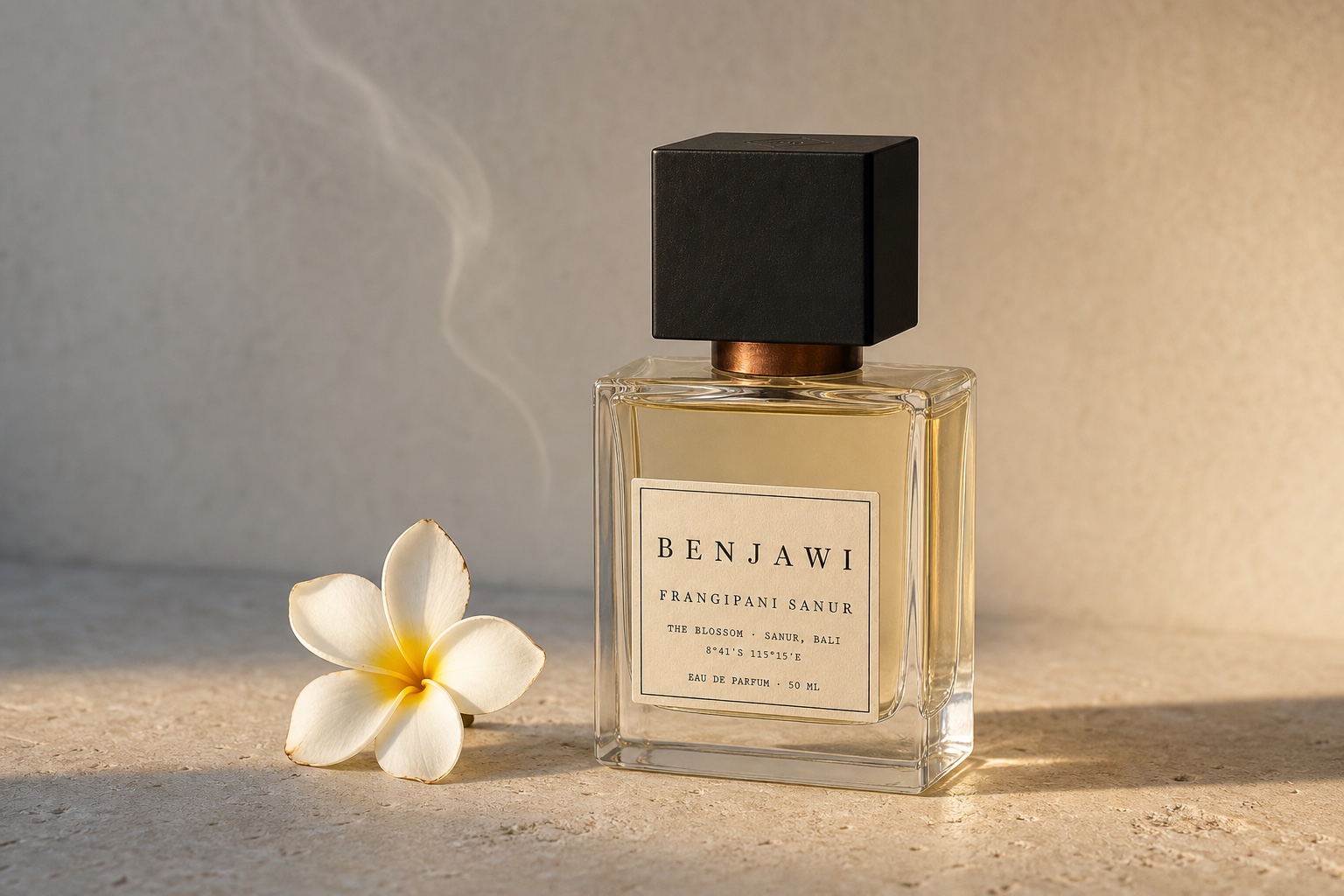 Frangipani Sanur fragrance beside a white frangipani flower and a line of incense smoke