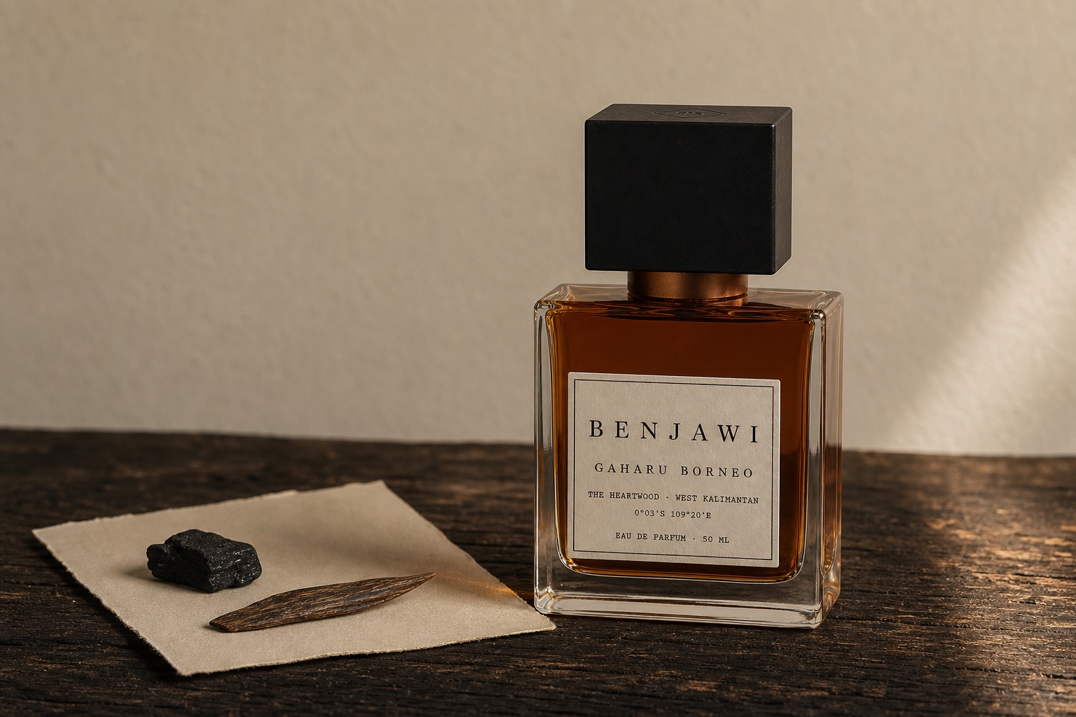Gaharu Borneo fragrance beside dark agarwood chips on pale cloth