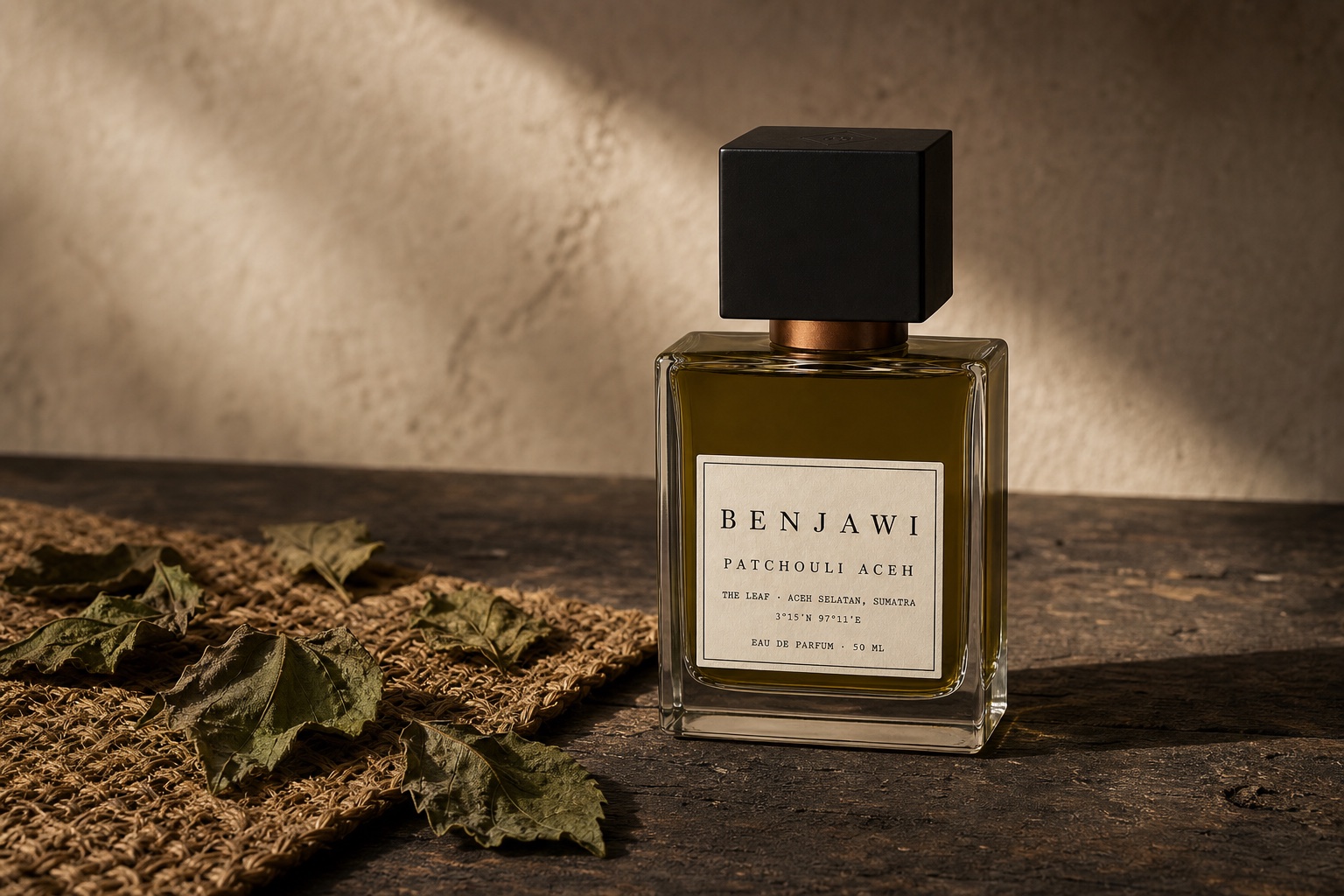 Benjawi Patchouli Aceh fragrance bottle beside dried patchouli leaves on a woven mat
