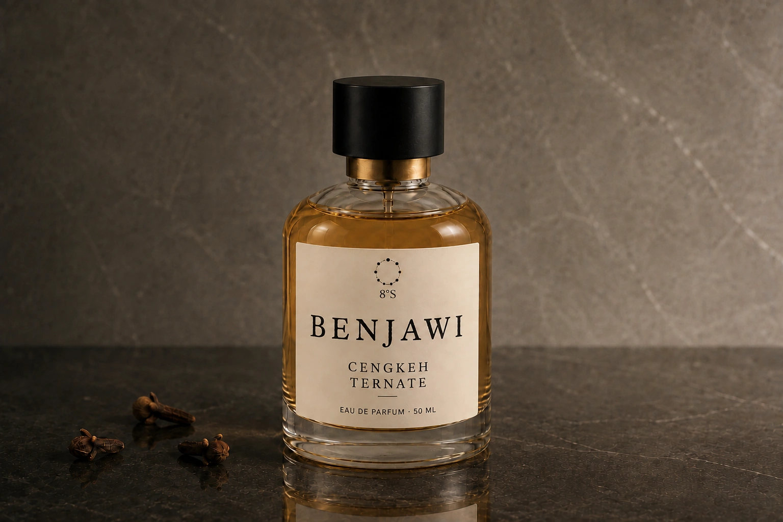 Cengkeh Ternate fragrance beside three dried cloves on dark mineral stone