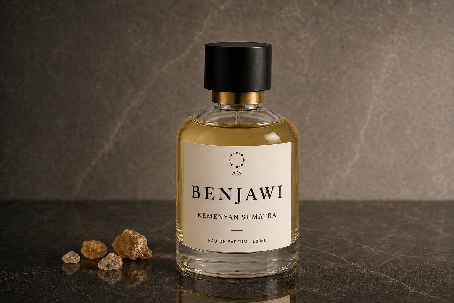 Kemenyan Sumatra fragrance beside benzoin resin on dark stone