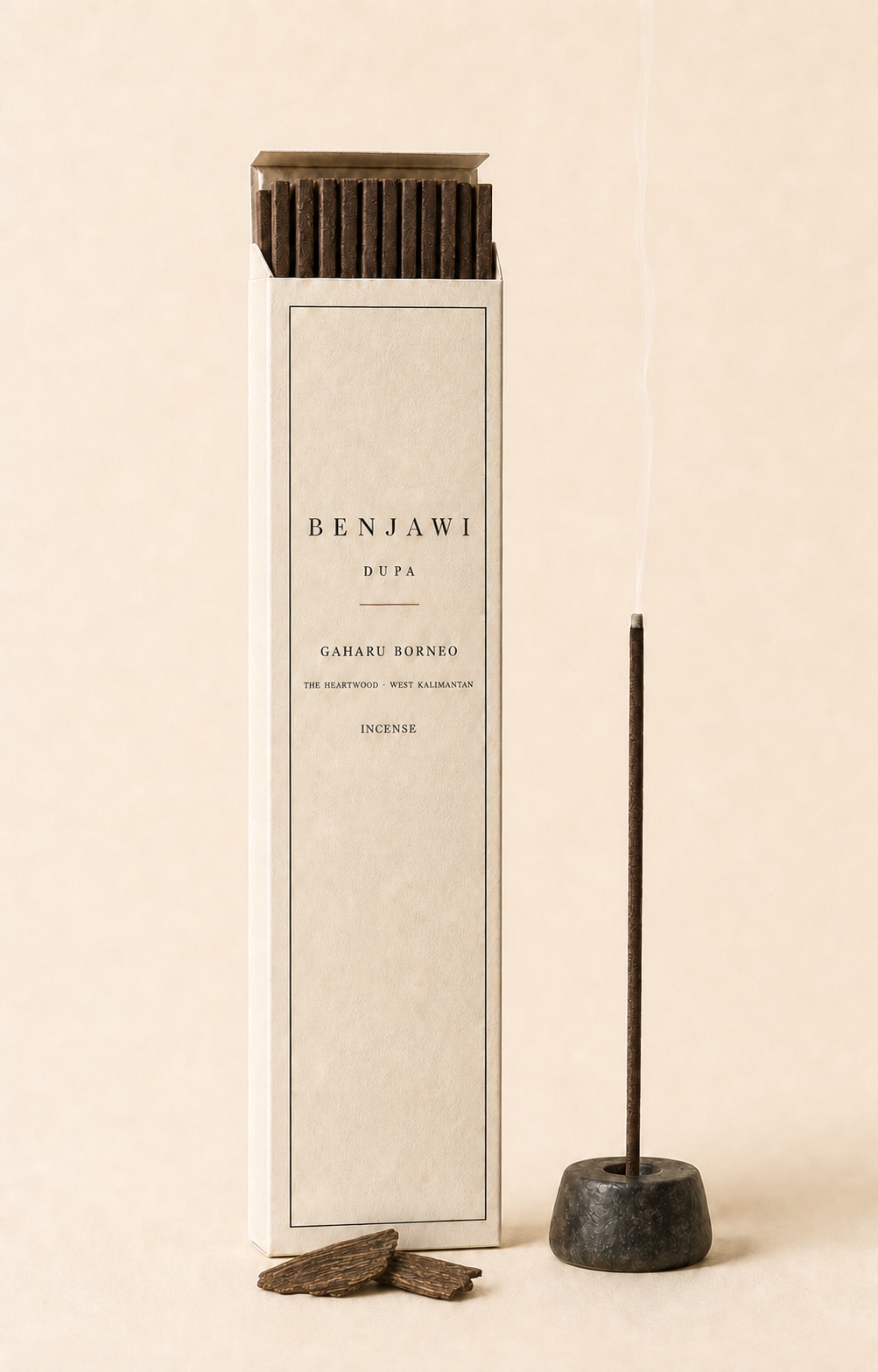 Benjawi Gaharu Borneo dupa incense beside cultivated agarwood chips